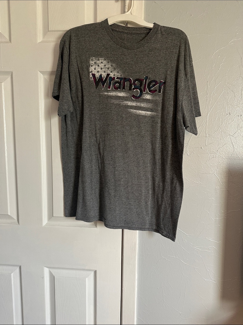 Wrangler Gray Short-Sleeve Logo Tee with Flag Accent